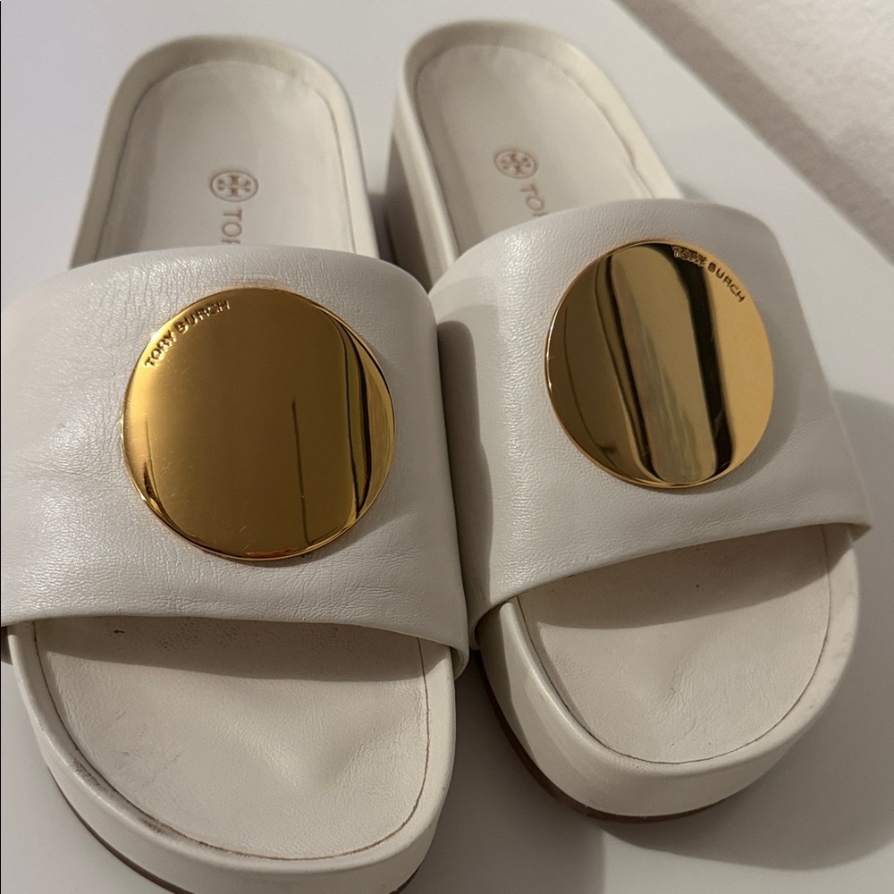 Tory Burch Cream Slide Sandals with Gold Disc